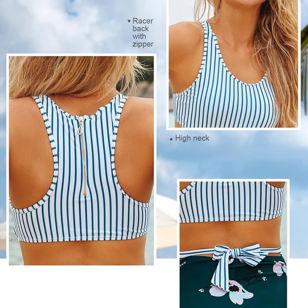 Striped Blue and White Racerback Bikini Top